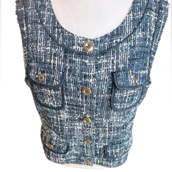 Caché Tweed Vest Blue & White with Silver Buttons Wool Blend Vest 12 - Picture 7 of 14